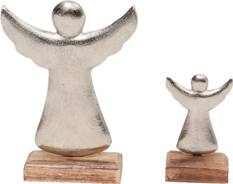 Dekor engjëll për Krishtlindje, alumin argjend, dru mango natyral, 10x5x18cm - 2