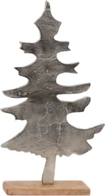 Dekor pemë Krishtlindjesh, alumin argjendi, dru mango natyral, 25x6x42cm
