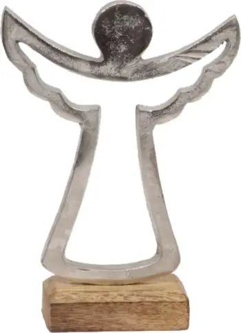 Dekor engjëll për Krishtlindje, alumin argjend, dru mango natyral, 12x6x18cm