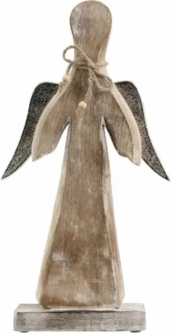 Dekor për Krishtlindje, engjëll, dru dhe alumin, argjendtë, 35x7x42cm