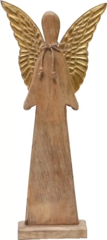 Dekor engjëll për Krishtlindje, dru mango natyral, krahë alumini të artë, 24x6x55cm