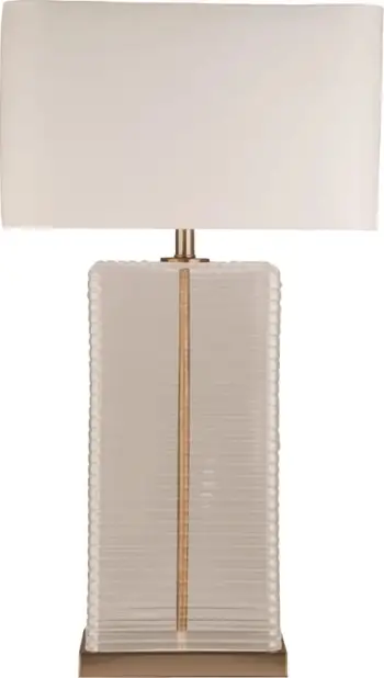 Llambë tavoline Eleven, xham transparent, detaje ari, abazhur i bardhë, 47x25x83cm
