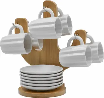 Set filxhanësh espresso Cactus, 6 copë, porcelan i bardhë, bambu natyral, 17x12x22