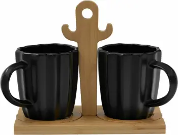 Set filxhanësh espresso Cactus, porcelan i zi, bambu natyral, 2 copë, 20x12x17cm