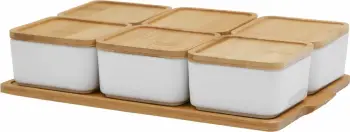 Set kavanozash për ruajtje, 6 copë, porcelan i bardhë, kapak bambuje, 30x19x7cm