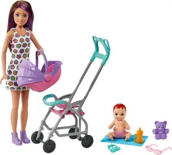 Set lodrash Barbie Babysitter Skipper Stroller GXT34, kukull me bebe, aksesorë kujdesi