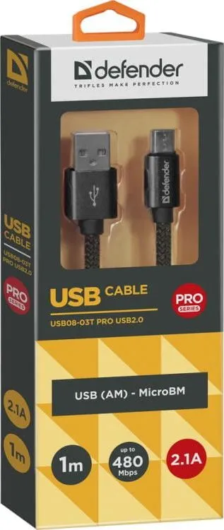 Kabllo Defender USB A - MicroUSB 87802, 1m, e zezë - 1