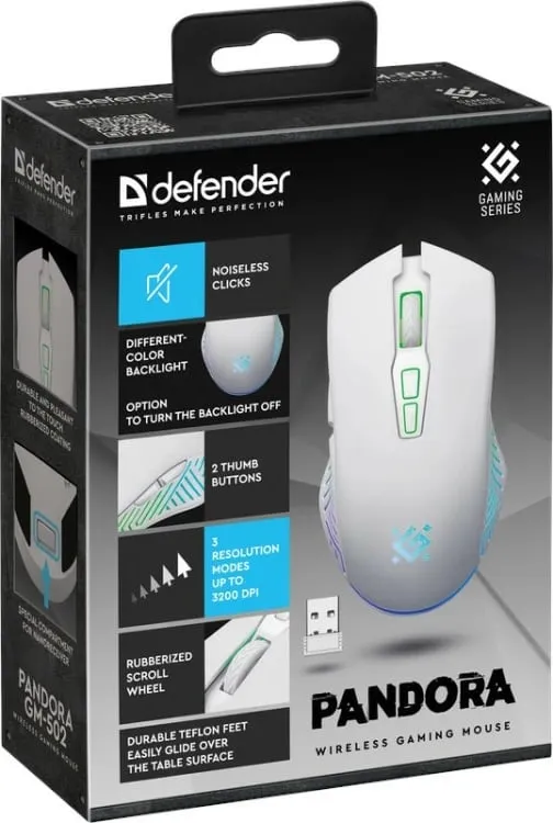 Maush gaming Defender PANDORA RF, wireless, 3200 DPI, i bardhë - 3