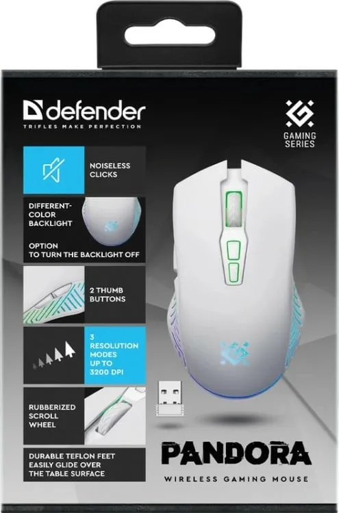 Maush gaming Defender PANDORA RF, wireless, 3200 DPI, i bardhë - 4