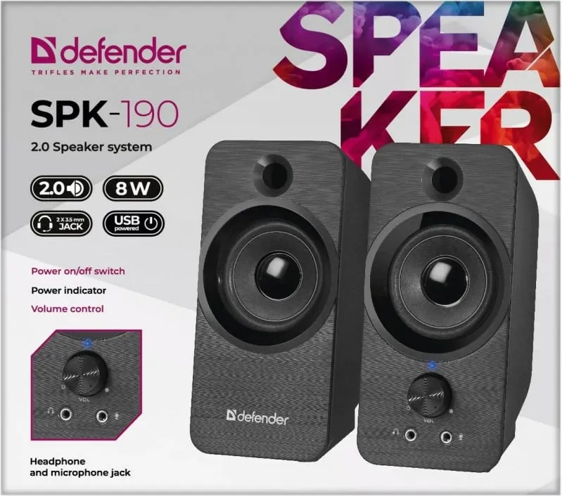 Bokse DEFENDER SPK-190 2.0 8W USB, të zeza - 3