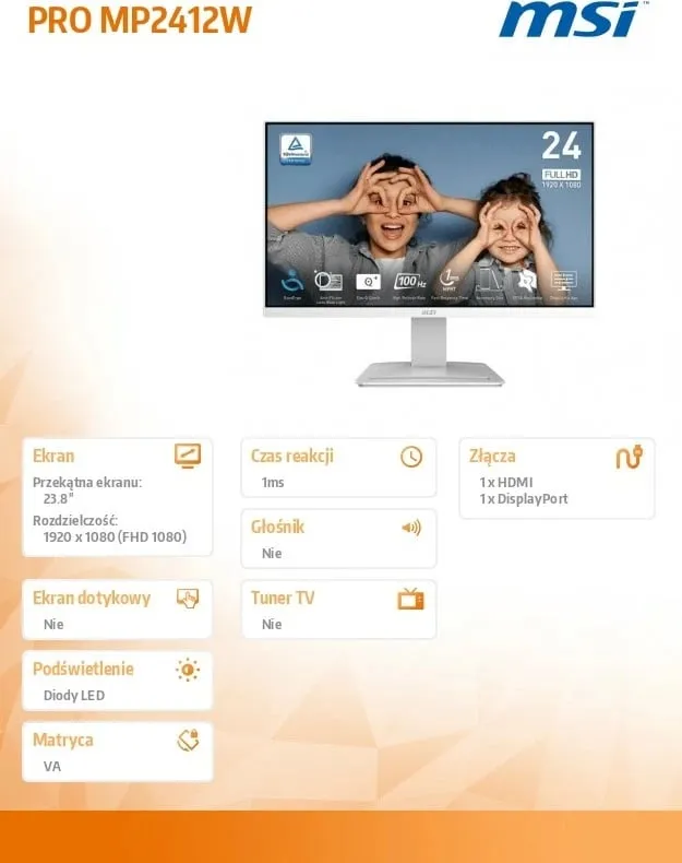 Monitor MSI PRO MP2412W, 23.8", FHD, i bardhë - 4