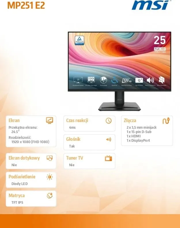 Monitor MSI PRO MP251 E2, 24.5", LED, FHD, 120Hz, Zi - 1