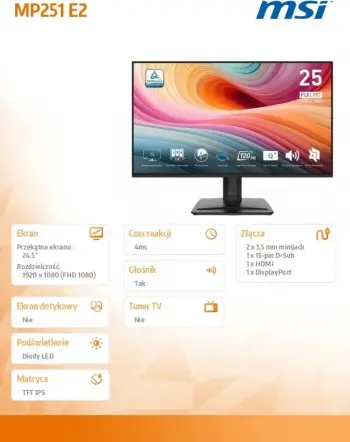 Monitor MSI PRO MP251 E2, 24.5", LED, FHD, 120Hz, Zi