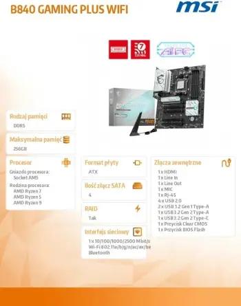 Pllakë amë MSI B840 GAMING PLUS WiFi AM5 DDR5 PCIe 4.0 ATX