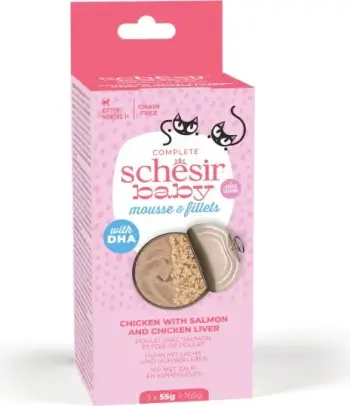 Ushqim për kotele Schesir Baby pulë, salmon & mëlqi pule 3 x 55 gr (3copë)
