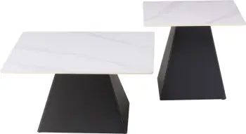 Set tavolina kafeje QUBER, dy copë, sipërfaqe qeramike, pamje mermeri të bardhë, bazë metalike e zezë, FH18260.01