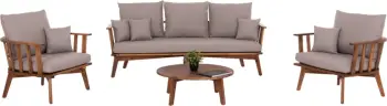 Set lounge për jashtë 4 pjesësh HARRA, dru akacie natyral, jastëkë të bardhë, FH6236