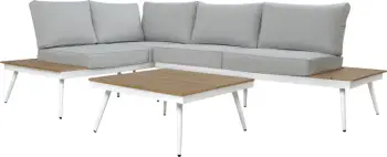 Set këndor divanësh me tavolinë për jashtë, alumin, ngjyrë gri, e bardhë, dru, FH5126.11