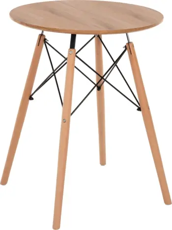 Tavolinë e rrumbullakët minimaliste për ngrënie, MDF, këmbë druri ahu, ngjyrë natyrale, Φ60x76cm