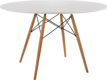 Tavolinë ngrënieje e rrumbullakët, sipërfaqe MDF e bardhë, këmbë druri ahu natyrale, FH8454.01, 120x75cm