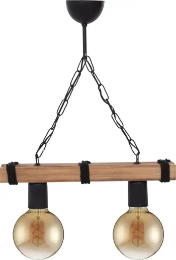 Llambë tavani me dy drita me zinxhir dhe dërrasë druri 40x10x45H cm. FH7698.01