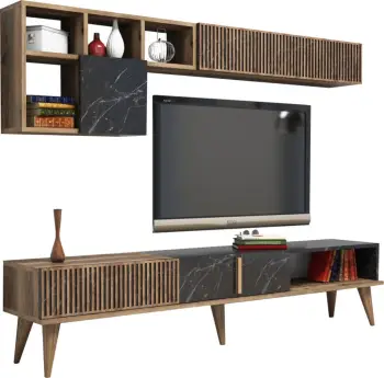 Set mobiljesh për TV, melaminë, ngjyrë arre dhe mermer të zi, FH9438.03, 180x35x40H cm