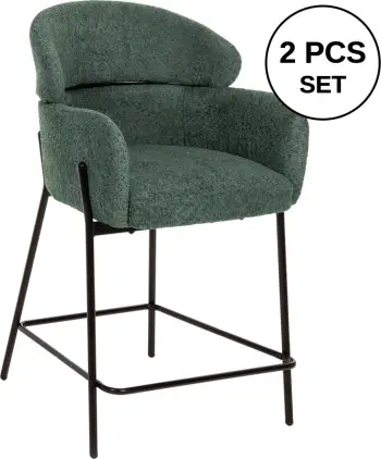 Karrige për bar mesatare WOLF FH8584.03, ngjyrë jeshile petrol, pëlhurë boucle, këmbë metalike të zeza, 56x56x96H cm., set prej 2 copë