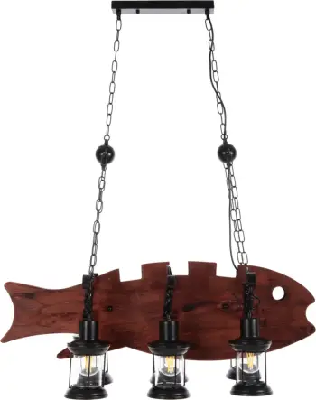 Llambë tavani me 6 drita, FH4118, dru, metal i zi, qelq, 95x35x116H cm