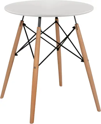 Tavolinë ngrënieje e rrumbullakët minimaliste, FH0060.01, MDF ngjyrë e bardhë, këmbë druri ahu ngjyrë natyrale, Φ60x72H cm