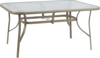 Tavolinë ngrënieje BRUNO FH5145.14 metalike ngjyrë shampanje-xham i temperuar me vrimë për ombrellë 149,5x89,5x72Hcm