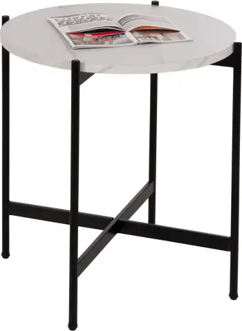 Tavolinë anësore FH9589.05 MDF mermer i bardhë-bazë metalike e zezë Φ50x55Hcm