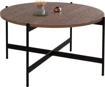 Tavolinë kafeje FH9588.04 MDF ngjyrë arre, bazë metalike e zezë Φ80x45H cm