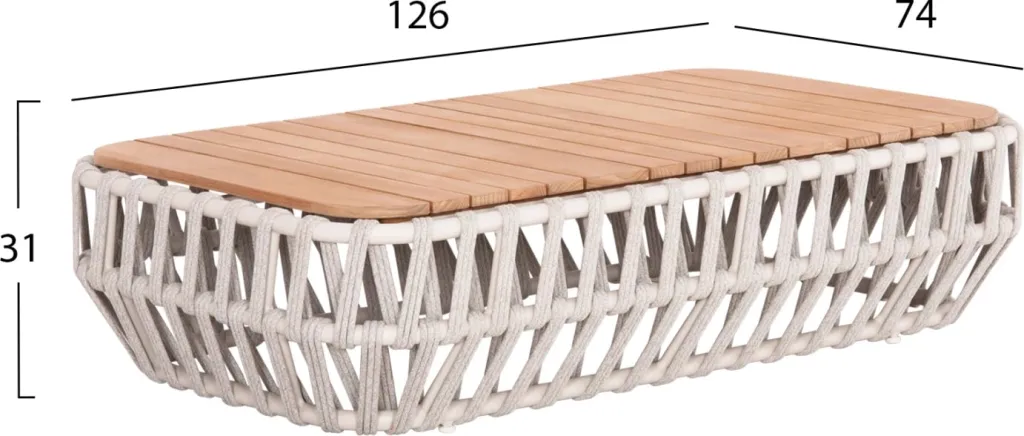 Set salloni për jashtë 4 pjesë SABO FH6208.02 ngjyrë krem e bardhë, alumin-bezhë, litar P.E. & pëlhurë OLEFIN-dru TEAK natyral - 4