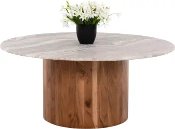 Tavolinë kafeje FORMEL FH9672 dru akacie, sipërfaqe mermeri e bardhë, Φ80x36H cm