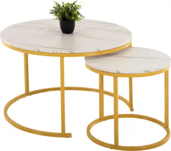 Tavolina kafeje 2 copë MDF mermer i bardhë këmbë metali ari Φ80x48cm.FH8763.11