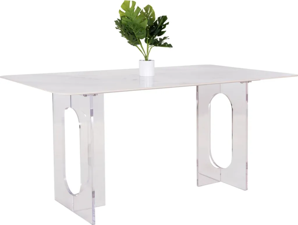 Tavolinë ngrënieje AETHER, FH9769.01, sipërfaqe qeramike e bardhë 12mm, këmbë akrilike, 160x90x75H cm - 1