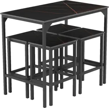 Set për darkë për bare 5 copë BOXY FH9882.13, korniza metalike të zeza, melaminë mermeri të zezë