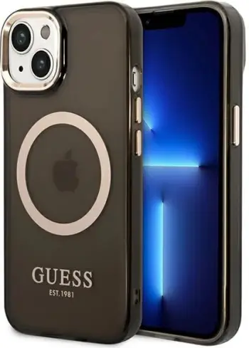 Mbulesë telefoni Guess GUHMP14MHTCMK për iPhone 14 Plus 6.7", hard case, MagSafe, e zezë transparente