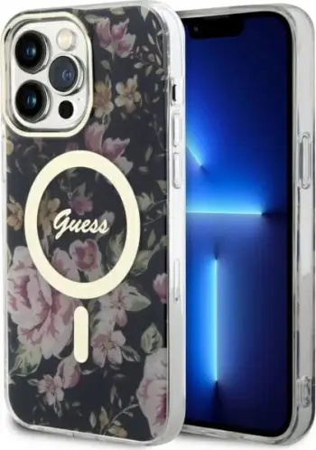 Mbështjellës Guess GUHMP14XHCFWSK për iPhone 14 Pro Max 6.7", MagSafe, lule, zi