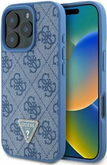 Mbështjellës Guess Leather 4G Triangle Strass për iPhone 16 Pro, MagSafe, Blu - 1