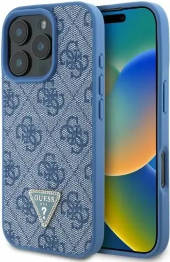 Mbështjellës Guess Leather 4G Triangle Strass për iPhone 16 Pro, MagSafe, Blu
