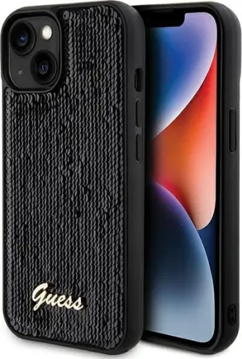 Mbështjellës Guess Sequin Script Metal për iPhone 14 Pro, i zi