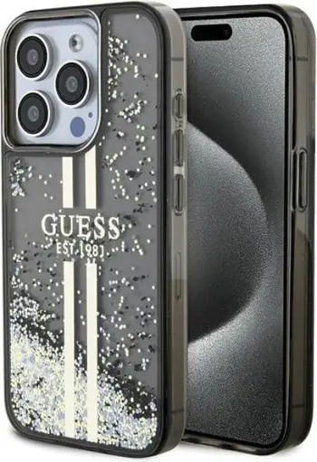 Mbështjellës Guess Liquid Glitter Gold Stripes për iPhone 15/14/13, i zi
