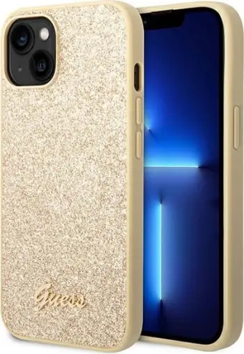 Mbulesë telefoni Guess Glitter Flakes Metal Logo, për iPhone 14 Plus 6.7", gold