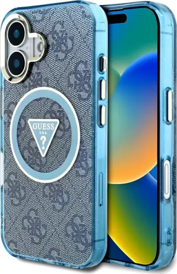Mbështjellës Guess IML Metal Glitter 4G Circle Triangle MagSafe për iPhone 16 Pro, Zi