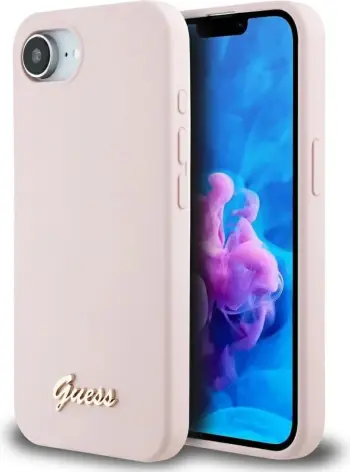 Mbështjellës Guess Silicone Script Metal Logo MagSafe për iPhone 16e, i zi
