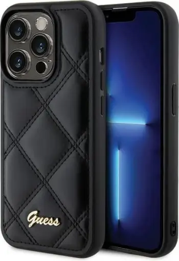 Mbështjellës Guess Quilted Metal Logo për iPhone 15 Pro, i zi