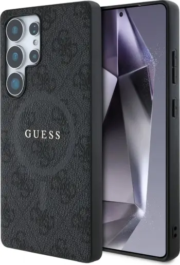 Mbështjellës Guess Leather 4G Colored Ring Classic Logo MagSafe për Samsung Galaxy S25 Ultra, zi
