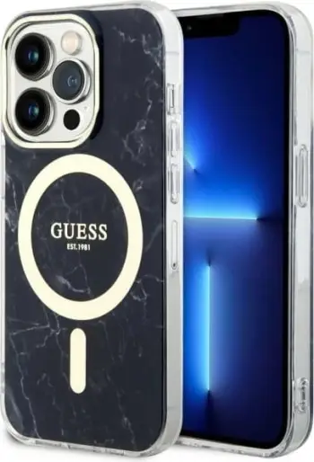Mbulesë telefoni Guess GUHMP14XHTCMK për iPhone 14 Pro Max, MagSafe, transparente, e zezë me detaje ari