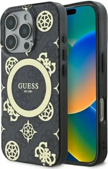 Mbështjellës Guess Peony On 4G MagSafe për iPhone 16, Zi